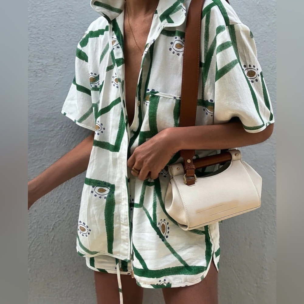 Commense White and Green Short Set with Floral Trim - Picture 4 of 12